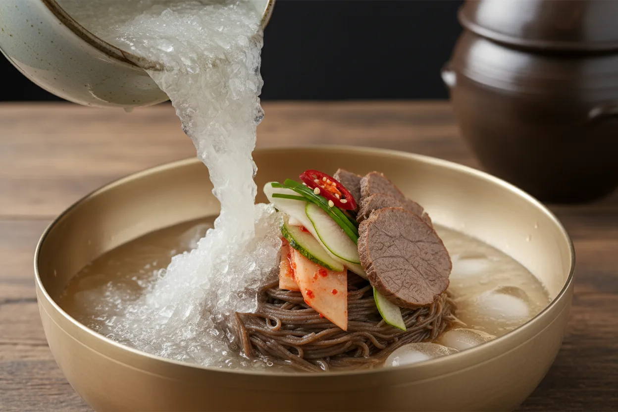 막국수 조리 4단계: 국물 붓기 (또는 비비기)