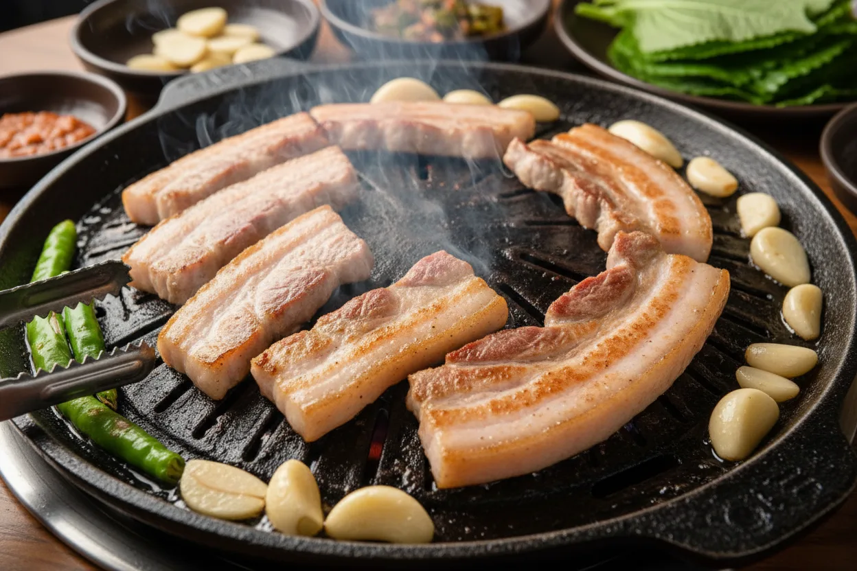 삼겹살 조리 2단계: 달군 판에 올리기
