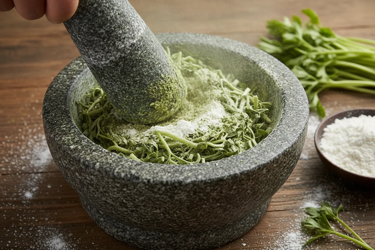 쑥개떡 조리 2단계: 쑥과 가루 섞어 빻기