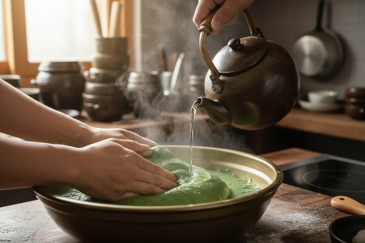 쑥개떡 조리 3단계: 익반죽하기