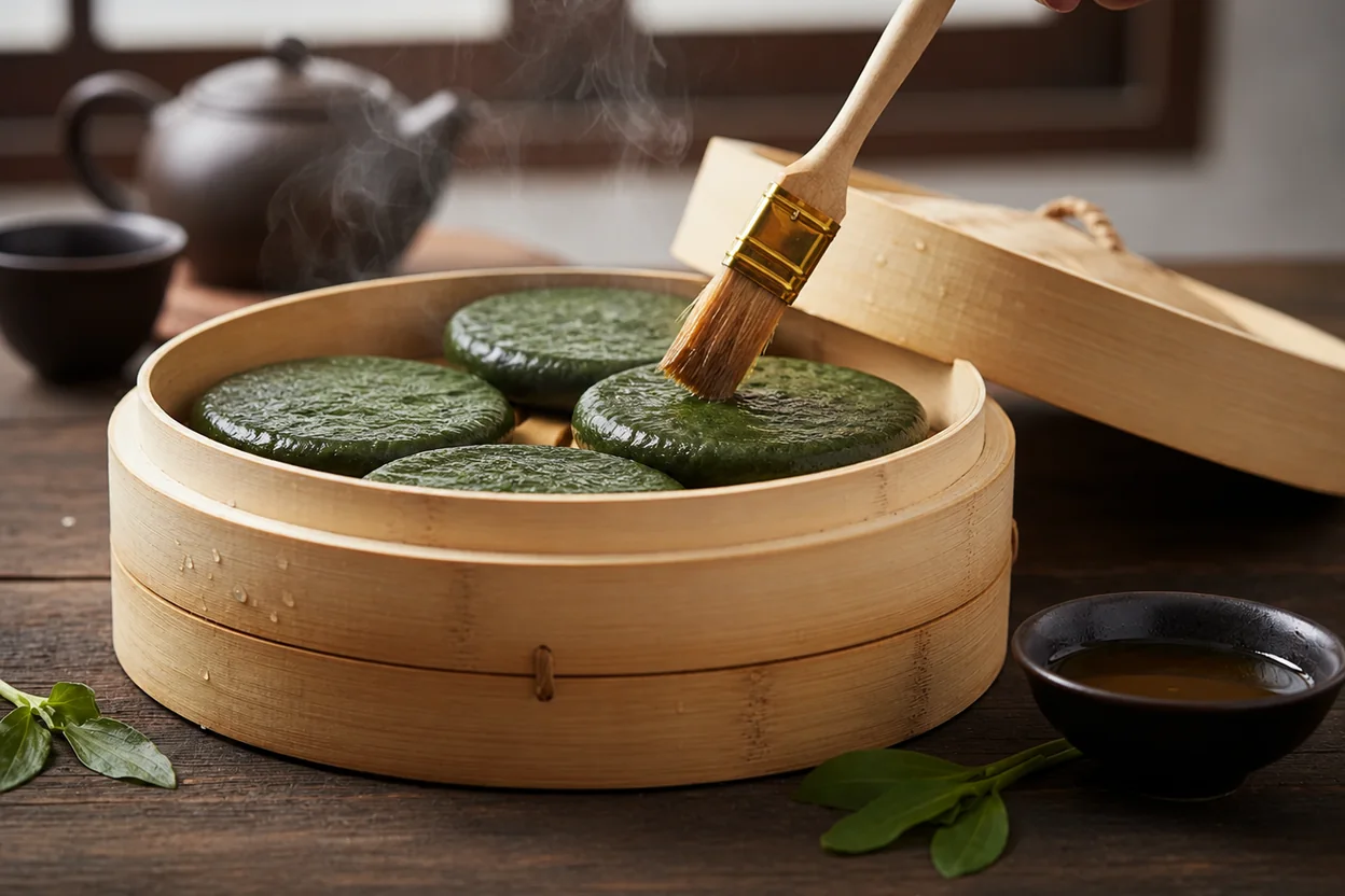 쑥개떡 조리 5단계: 쪄서 기름 바르기