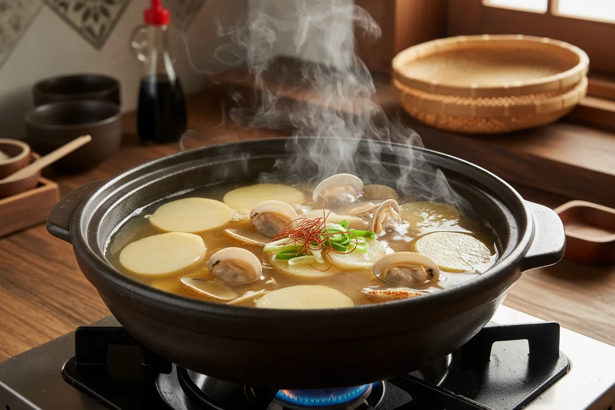 수제비 조리 2단계: 육수에 감자 끓이기