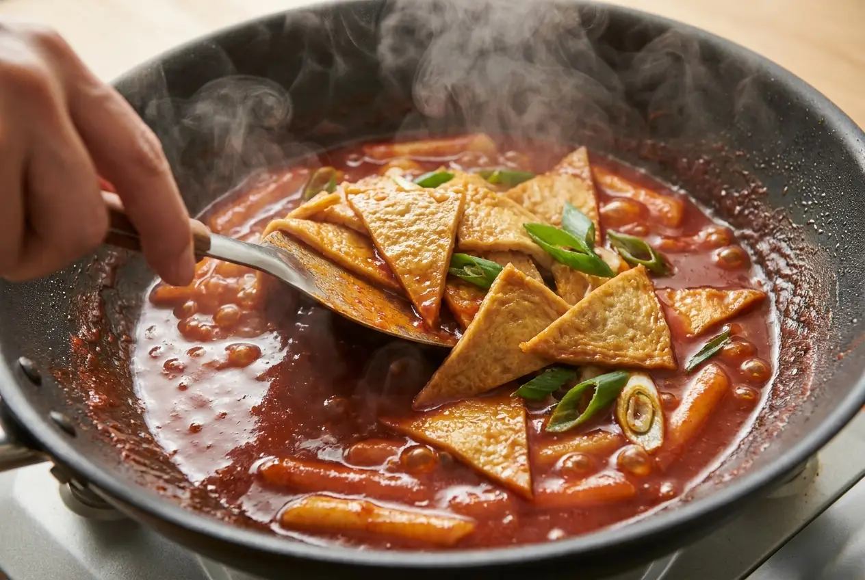 떡볶이 조리 5단계: 어묵·대파 넣고 졸이기