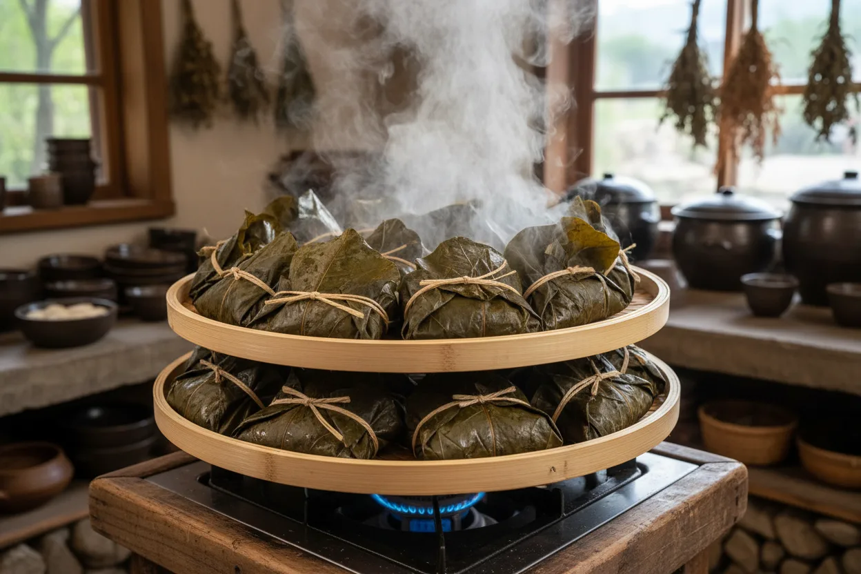 연잎밥 조리 4단계: 본 찌기