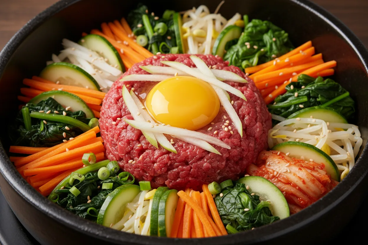 육회비빔밥 조리 5단계: 꽃처럼 담기